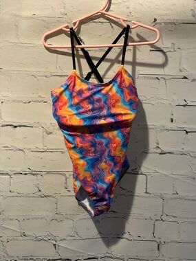 Colorful Swirl One-Piece Swimsuit with Black Straps